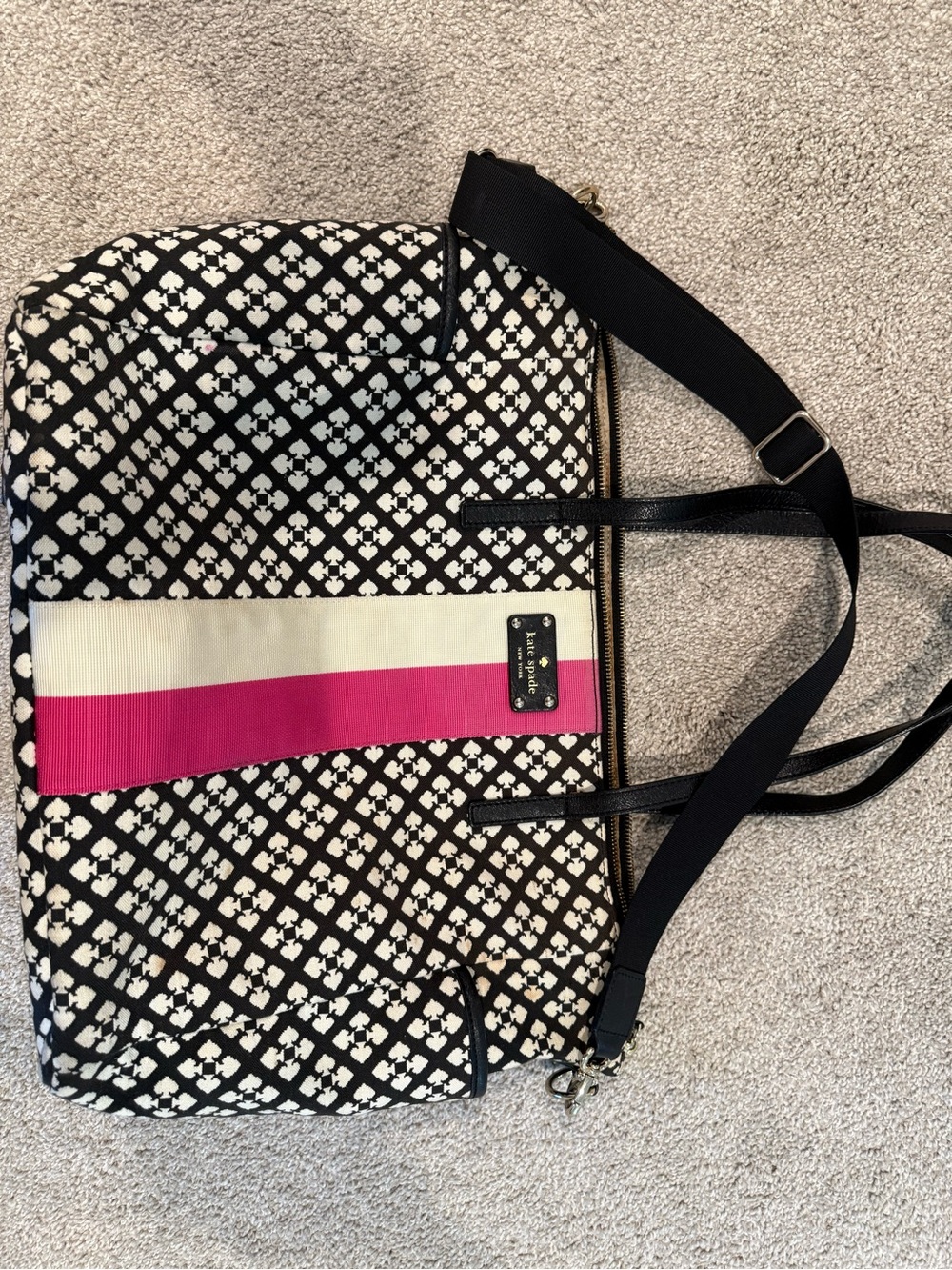 kate spade Black & White Geometric diaper bag with Pink Stripe